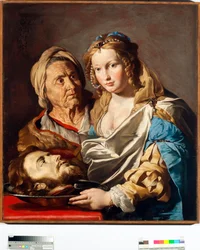 Salome med Johannes Baptists huvud på en silverplatta Målning av Mathias Stomer (Matthias Stom) (1600-apres 1655) Dim 100x90 cm Genes, Musei di Strada Nuova (ex Palazzo Bianco) Italien