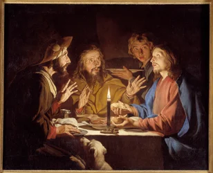 Emmaus Kristi lärjungar visar sig för pelerinerna som sitter vid ett bord i ett värdshus i Emmaus - Målning av Mathias Stomer (Matthias Stom) (1600-1650) 1600-talet Sön 1,3x1,64 m Grenoble, Musee des Beaux Arts