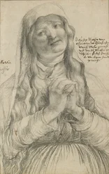 En äldre kvinna med knäppta händer, ca 1512 (svart krita på papper)
