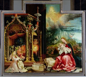 Isenheimaltaret. Mittpanel: Änglakonsert och Jesu födelse, 1506-1515