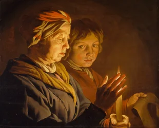 Gammal kvinna och en pojke vid levande ljus, 1630-1650