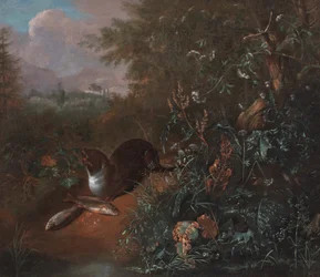 Ett skogsstilleben med en utter och två fiskar, ca 1650-1700 (olja på duk)
