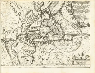 Beleg van Gent, 1708 Karta över belägringen och attackerna av staden och citadellet i Gent som belägrades av de allierades arméer den 22 december 1708 under ledning av prinsen och hertigen av Marlborough (titel på objektet)