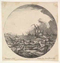 Storm i en rundelkomposition, vid vänster vågor kastar ett litet skepp ockuperat av sju..., ca. 1625-60.