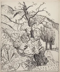 Träd på bergssluttning, ca 1930 (pensel, bläck  kol på benvitt papper)