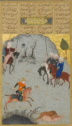 Bahram Gur on the Chase, Folio 10r från en Haft Paikar Seven Portraits..., av Nizami, ca. 1430.