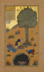 Hur en skrytare dränktes i en brunn, Folio 33v från en Haft Paikar..., ca. 1430.