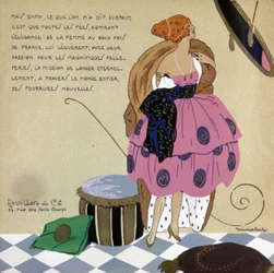 Kvinna framför sin spegel, reklam för Revillon-pälsar, ca. 1920-1930 (illustration)