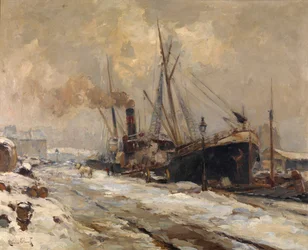 Antwerpens hamn på vintern (olja på duk)