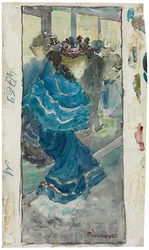 Elegant kvinna i en blå klänning, ca 1893-94