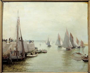 Fiskets återkomst 1880. Målning av Courant Maurice (1847-1925)
