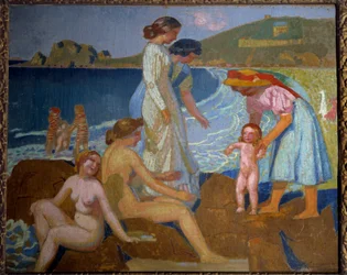 Badande vid Perros Guirec (Perros-Guirec) 1900-talet (olja på duk)