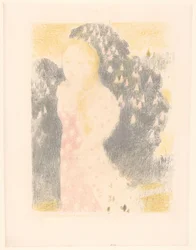 Flicka framför en blommande buske Les crépuscules ont une douceur (titel på objekt) Representationer av kärlek (serietitel) Amour (serietitel)