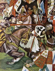 "Rättvist och sant slog han normanden på visiret", illustration från "Ivanhoe For Boys and Girls", återberättad av Alice Jackson, pub. 1924