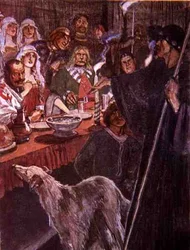 "Second to None" sa pilgrimen som stod nära nog att höra, illustration från "Ivanhoe for Boys and Girls", återberättad av Alice Jackson, pub. 1924 (litho)