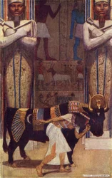 Flickan och Bata-tjuren från sagan om Bonden som blev kung, illustration från "Egyptian Myth and Legend" av Donald A. Mackenzie, publicerad 1907.