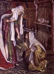 "Till frun av Ivanhoes överraskning knäböjde hennes vackra besökare på ett knä", illustration från "Ivanhoe för pojkar och flickor", återberättad av Alice Jackson, pub. 1924 (litho)