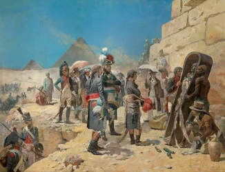 Napoleon Bonaparte framför pyramiderna betraktande en kungs mumie på den egyptiska landsbygden