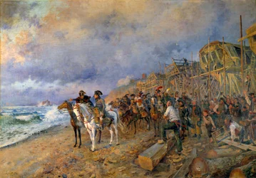 Förste konsuln Napoleon Bonaparte (1769-1821) besöker arsenalen av Boulognemålning av Maurice Orange (1868-1916) 1804 (sön: 214x304 cm) Paris, Musee de l