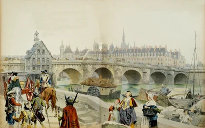 Frankrikes historia: Förvisad till slottet Blois av sin son Ludvig XIII, Marie de Medicis (1575-1642) och hans svit lämnade Paris 1617. Illustration av Maurice Leloir (1853-1940) i "" Richelieu""