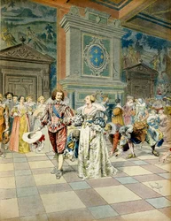 Frankrikes historia: George Villiers, hertig av Buckingham (1592-1628) vid Frankrikes hov, sådde sina pärlor under hovmännens fotspår. Illustration av Maurice Leloir (1853-1940) i "" Richelieu""