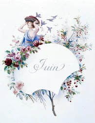 Juni ""Månadens sång"" av Jérôme Doucet, illustration - Maurice Leloir, red. Reims 1904. L. Michaud