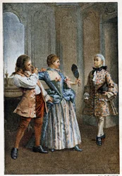 Le Miroir - i "History of Manon Lescaut and the Chevalier Des Grieux" av Abbe Prevost (1697-1763), fransk författare. Gravyr efter teckningar av Maurice Leloir (1885).