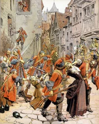 Les Dragonnades (1681-1685): skingra en protestantisk familj av draktrupperna som anklagas för att omvända protestanter. Kromotypografi i "" Le Roy Soleil"" (Louis XIV) av Gustave Toutwelve, Illustration av Maurice Leloir (1853-1940)