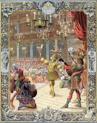 Ludvig XIV, deltagare i "Ballet de la Nuit", libretto av Isaac de Benserade (1612-1691), i en solskensdräkt i den stora salen i Little-Bourbon (Petite Bourbon) i Paris, 23 februari