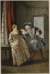 Manon och hennes bror - i "History of Manon Lescaut and the Chevalier Des Grieux" av Abbe Prevost (1697-1763), fransk författare. Gravyr efter teckningar av Maurice Leloir (1885).