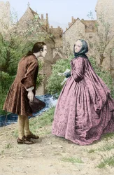 Möte av unge Jean-Jacques Rousseau och framtida nära vän Madame de Warens, 21 mars 1728