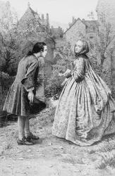 Möte av unge Jean-Jacques Rousseau och framtida nära vän Madame de Warens, 21 mars 1728 (gravyr)