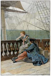 På fartyget "History of Manon Lescaut and the Chevalier Des Grieux" av Abbe Prevost (1697-1763), fransk författare. Gravyr efter teckningar av Maurice Leloir (1885).