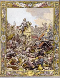 Prins Ludvig II av Bourbon Conde (Bourbon-Conde), känd som Grand Conde (1621-1686), hertig av Enghien hälsar greven av Fontaines lik i slaget vid Rocroi (Rocroy) mot spanjorerna, 19 maj