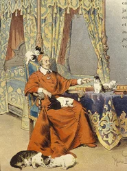 Kardinalen leker med sina katter som han älskade särskilt - i "" Richelieu"" av Maurice Leloir, deb. 1900-talet