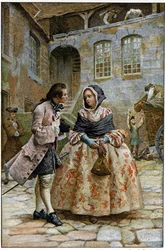Det första mötet - i ”Berättelsen om Manon Lescaut och chevalier Des Grieux” av abbé Prévost (1697-1763), fransk författare. Gravyr efter teckningar av Maurice Leloir (1885).