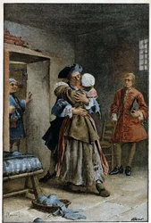 Besök på sjukhuset - i "Historien om Manon Lescaut och Chevalier Des Grieux"" av Abbe Prevost (1697-1763), fransk författare. Gravyr efter teckningar av Maurice Leloir (1885).