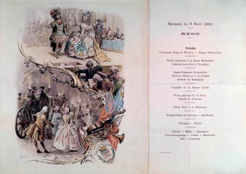 Bröllopsmeny med illustration av Maurice Leloir (1851-1940) av baler i kostymer och galantescener, 1900-04-06