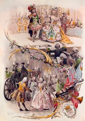 Bröllopsmeny med illustration av Maurice Leloir (1851-1940) av baler i kostymer och galantescener, 1900-04-06
