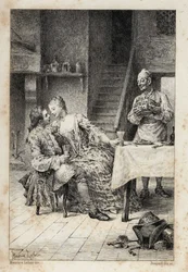 i "History of Manon Lescaut and the Chevalier Des Grieux" av Abbe Prevost (1697-1763), fransk författare. Gravyr efter teckningar av Maurice Leloir (1885).