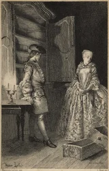 Upptäckten av stölden - i "Histoire de Manon Lescaut et du chevalier Des Grieux" av Abbé Prévost (1697-1763), fransk författare. Gravyr efter teckningar av Maurice Leloir (1885).