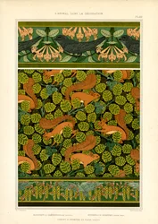 Ornament i jugendstil med fåglar, ekorrar och blomsterelement (lito)
