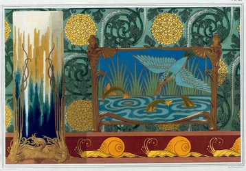 Design för bronsvasstöd, tapeter och bård, och emalj och brons Jardiniere, pub. 1897.