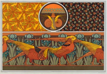 Motiv för tapetbård och tyg: Fåglar, nyckelpigor och Maiden Hair Fern, pub. 1897.