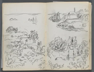 Skissbok, The Dells, nr 127, sidan 042  43: Vik med båtar och figurer