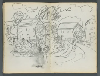 Skissbok, The Dells, nr 127, sidan 102  103: Landskap med hus och väg