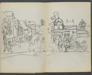 Skissbok, The Dells, nr 127, sidan 174  175: By med hus och väg