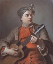 Porträtt av Jacques Dumont Le Romain som spelar gitarr