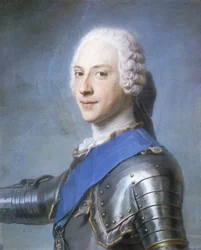 Porträtt av prins Charles Edward Stuart, bystlängd, i profil till vänster, hans huvud vänt framåt, hans högra arm upphöjd,