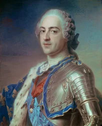 Porträtt av Ludvig XV (1710 - 1774) i rustning, med den Helige Andes orden och det gyllene skinnet. Pastell av Maurice Quentin Delatour känd som Quentin De La Tour eller Quentin De Latour (1704-1788)